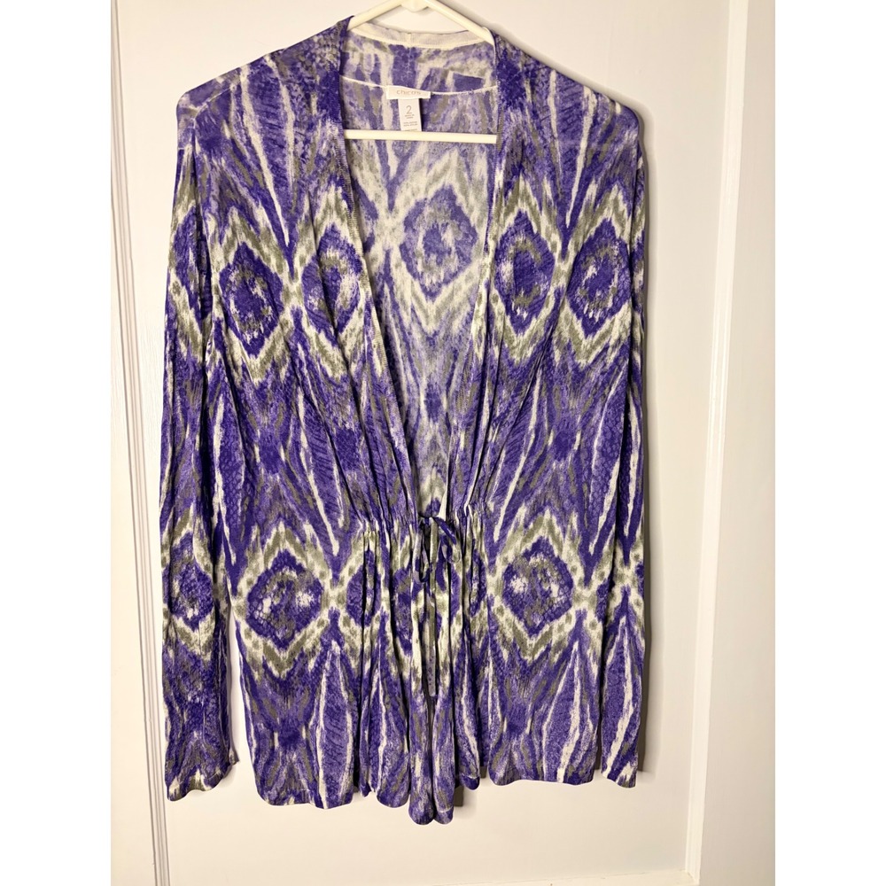 Chicos Purple Ikat Diamond Open Front Cardigan Drawstring‎ Waist Size 2 Large